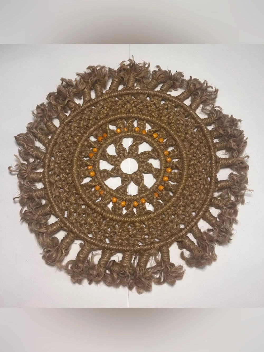 Rustic Brown Jute Wall Tapestry/Center Piece with Orange Bead Accents